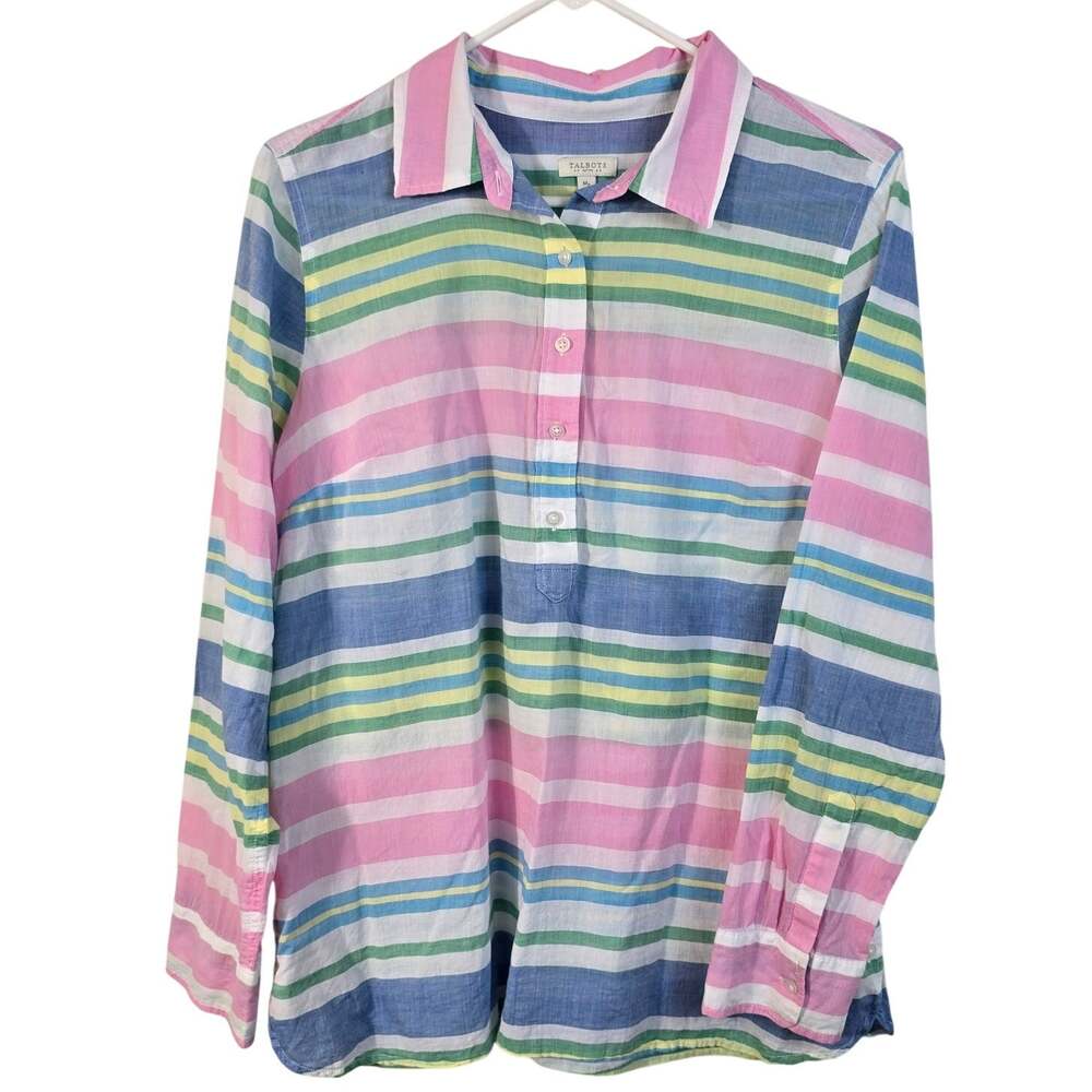 Talbots Petites Blouse Women's MP Pink Blue Stripe Popover Coastal Casual READ